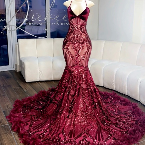 Burgundy Lace Evening Gown/Prom Dress